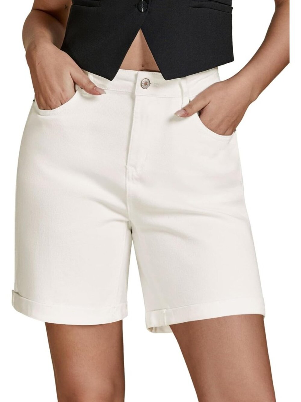 Women's White High Waisted Fold Hem Stretchy 5 Basic Pocket Long Denim Shorts